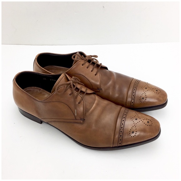 Prada Cap-Toe Oxford Leather Dress Shoes Tan Brown - Picture 4 of 8